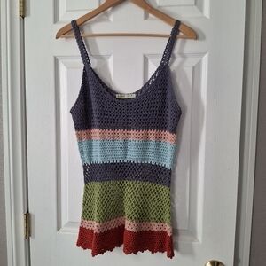 Vtg Old Navy Striped Colorblock Sz L Crochet Tank Babydoll 90s Y2K Festival Boho